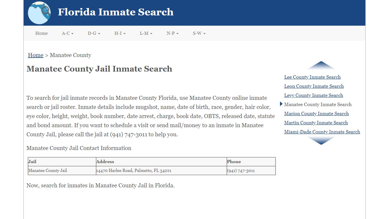 Manatee County FL Jail Inmate Search